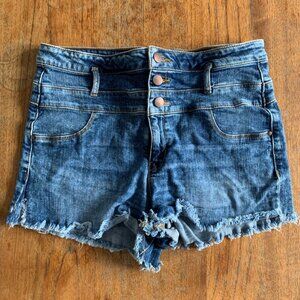 Refuge High-Waisted Distressed Denim Shorts | Size 12 | Raw Hem Button Fly